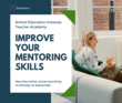 Plakat mit dem dem namen des Kurses "Imrove your Mentoring Skills". Daneben sitzt eine Pädagogin in einem Sessel