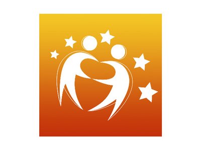 Das eTwinning Logo mit orangem Hintergrund. Zwei weiße Figuren tanzen miteinander.