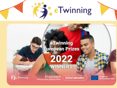 SchülerInnen mit Schriftzug "European eTwinning Prizes"