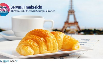 Bild zeigt im Vordergrund ein Croissant, dahinter eine Tasse und dahinter den Eiffelturm