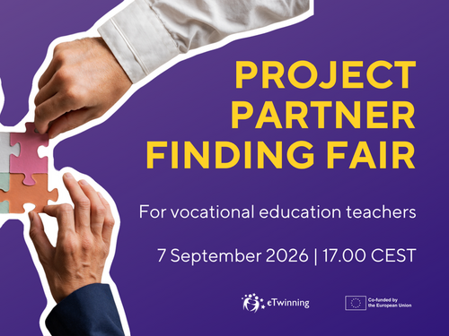 Man sieht vier Hände, die Puzzlestücke zusammenfügen. Der Hintergrund ist lila. In gelber Schrift steht "Project Partner Finding Fair"