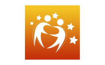Das eTwinning Logo mit orangem Hintergrund. Zwei weiße Figuren tanzen miteinander.